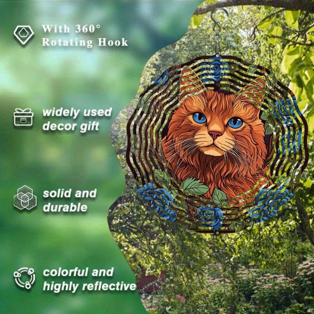 Metal Wind Chime with Rose and Cat Design Rotating Hook Weather Resistant Outdoor Garden Decor Perfect Gift for Cat Lovers