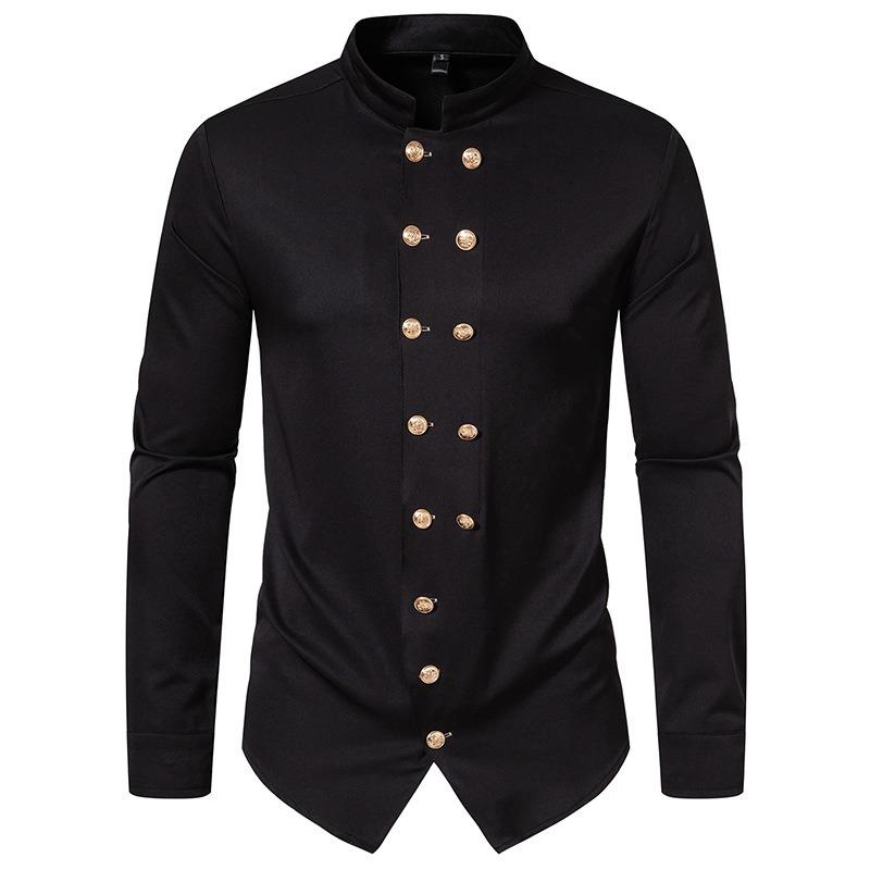 Men S Casual Long Sleeve Shirt European Size Turn Down Collar Double Breasted
