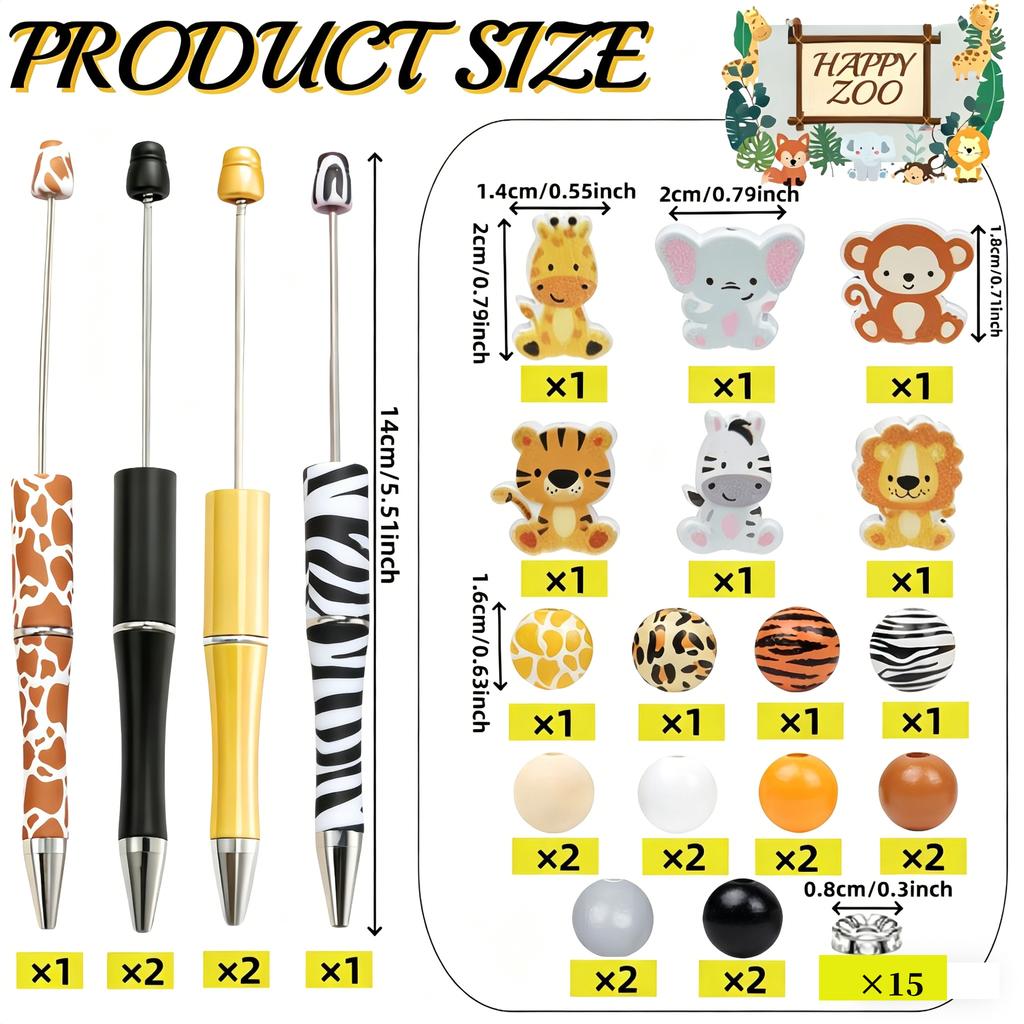 Zoo-themed DIY Beaded Pen Set 6PCS Lion Tiger Giraffe Elephant Zebra Monkey