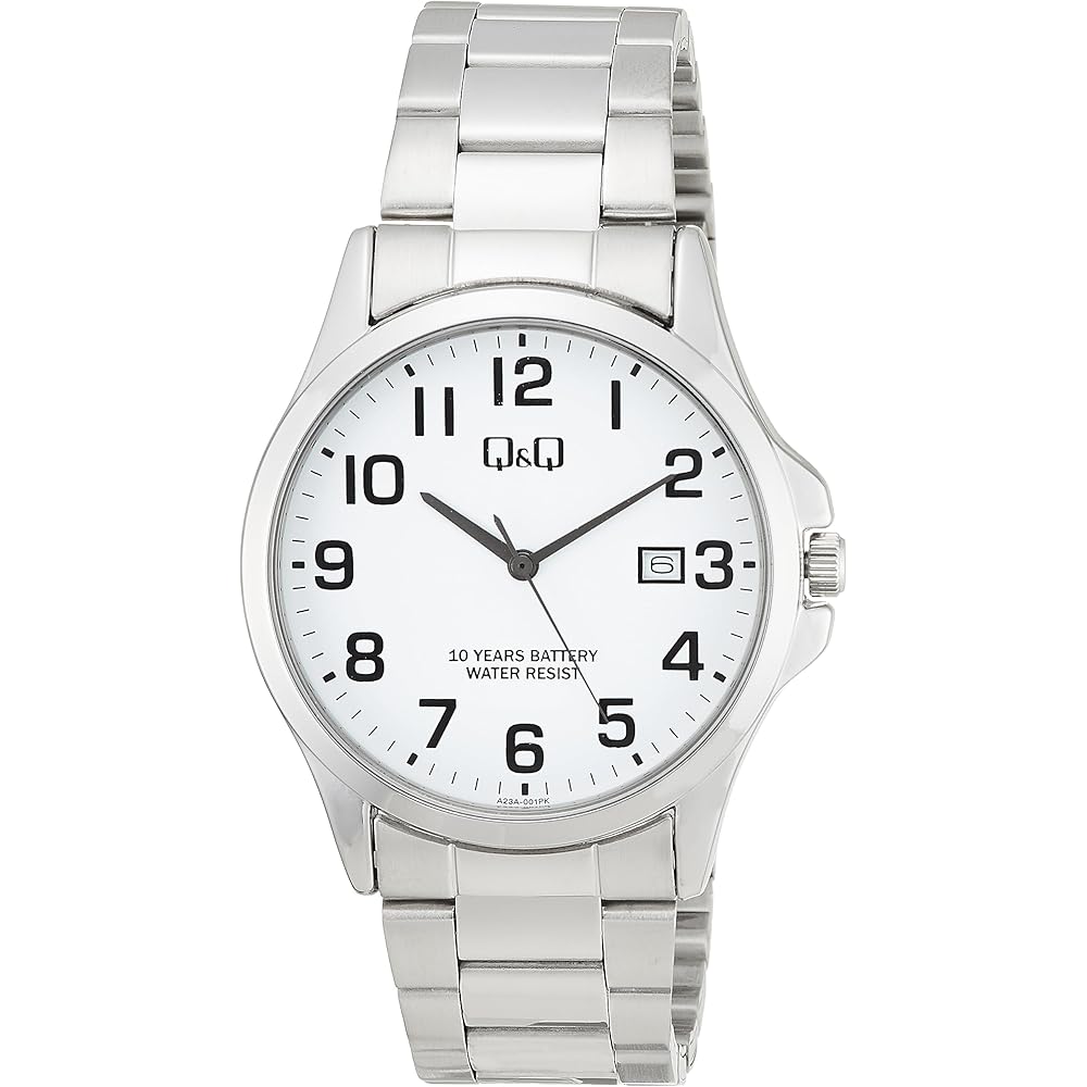 Citizen Q&Q Analog Watch 10-Year Battery Life Waterproof Date Metal Band A23A-001PK Men's White