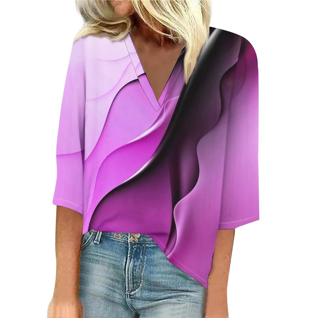 Женская рубашка-блузка повседневные свободные рубашки с рукавом 3/4 и принтом с V-образным вырезом Топы Футболки Футболка