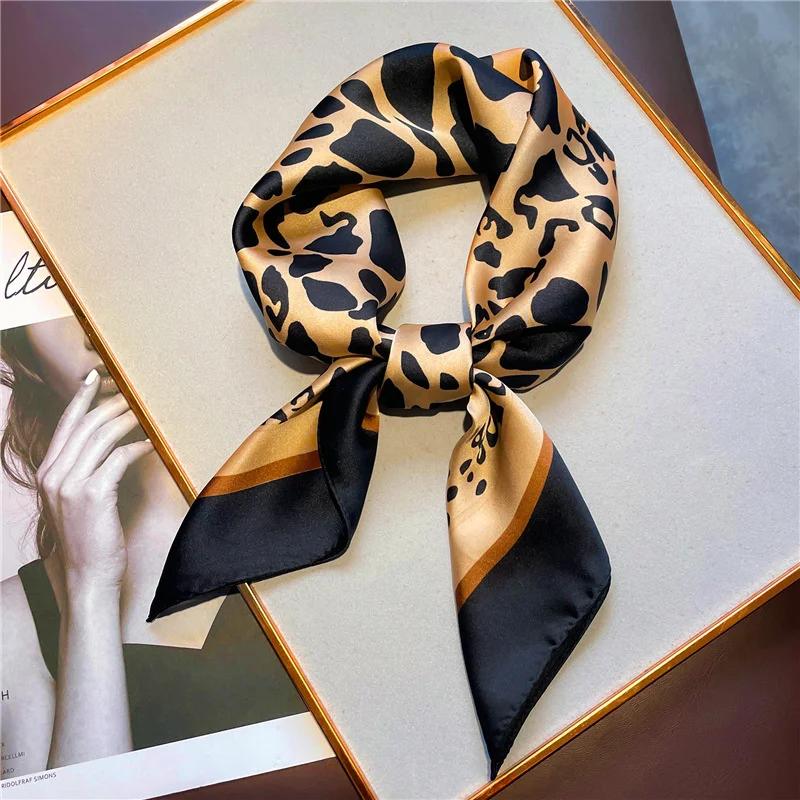 Luxury Satin Silk Scarf Square Leopard Print Women Shawl Headband Small Hair Scarves Female Handkerchief