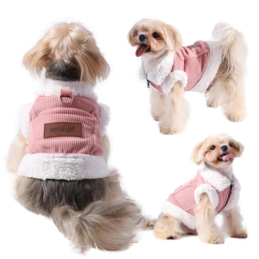 Warm Dog Clothes Autumn Winter Pet Jacket Coat Pink Grey Soft Vest Costume with D-ring Schnauzer Yorkshire Costume for Small Medium Dogs