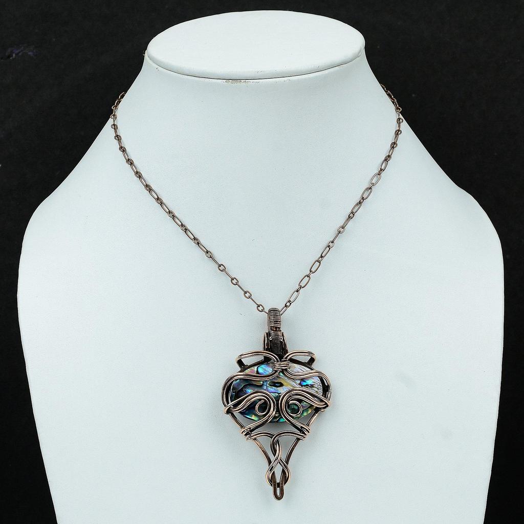 Кулон из раковины абалона, обернутый медной проволокой, кулон с драгоценным камнем, кулон ручной работы в этническом стиле, украшение из античной меди, подарок для мамы, украшение из проволоки