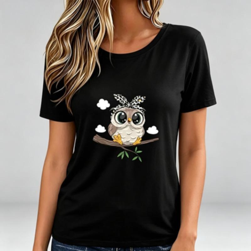 Unisex Modal Tshirt Cute Owl Branch Print Short Sleeve Crewneck Casual Animal Cartoon Graphic Tee Black White