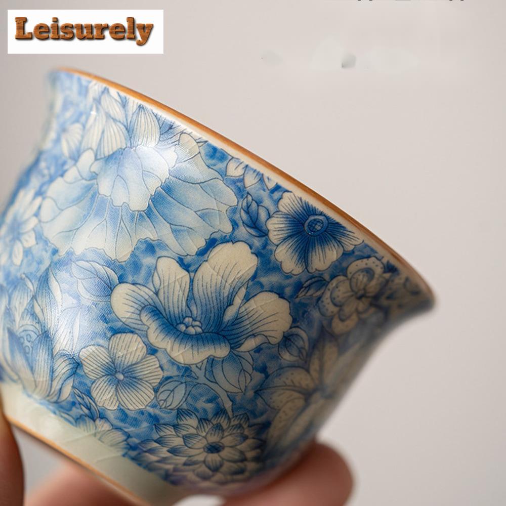 1PCS Chinese Blue and White Ceramic Teacup Anti Scaling Handmade Flowers Porcelain Tea Bowl Travel Meditation Cup Tea Set 70ml
