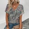 Летняя мода свободный повседневный женский топ с V-образным вырезом зеленый цветочный принт винтажный короткий рукав персонализированная футболка размера плюс