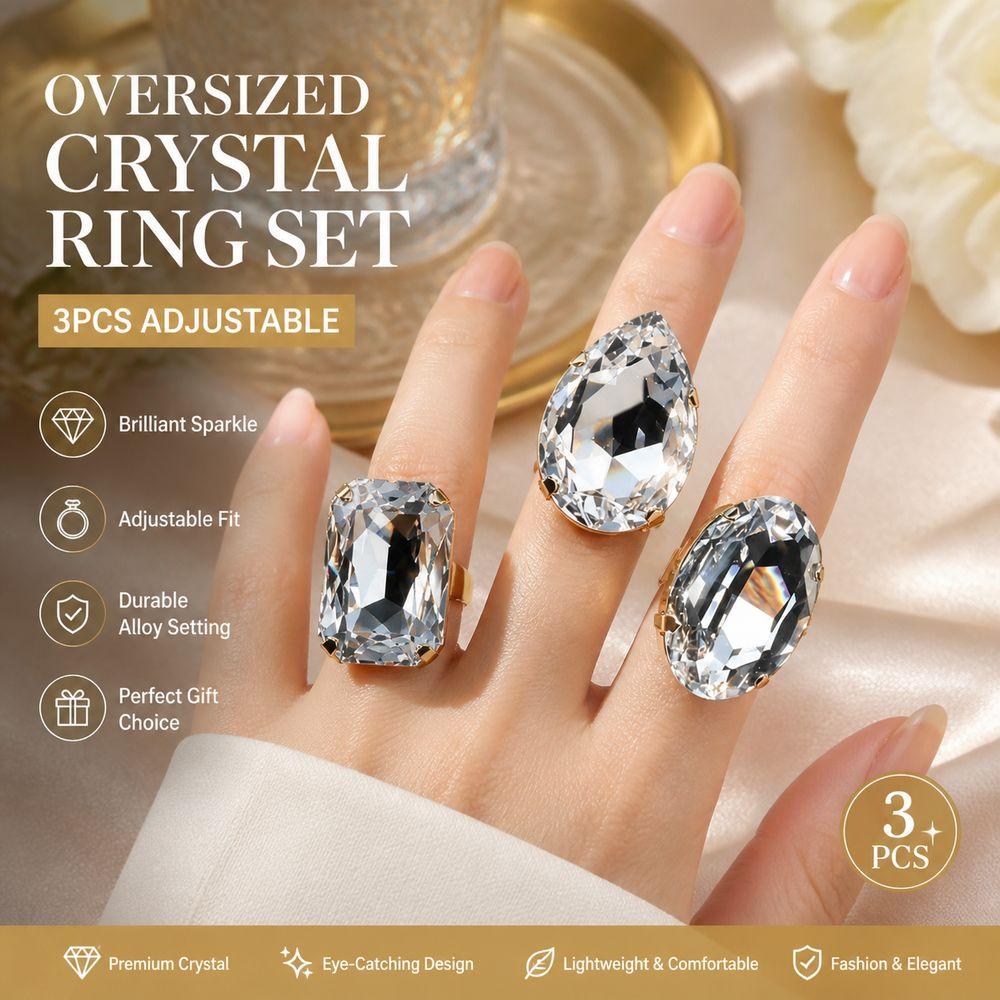 3PCs Square Shape Vintage Wedding Ring Adjustable Size Adjustable Crystal Ring Party Accessories