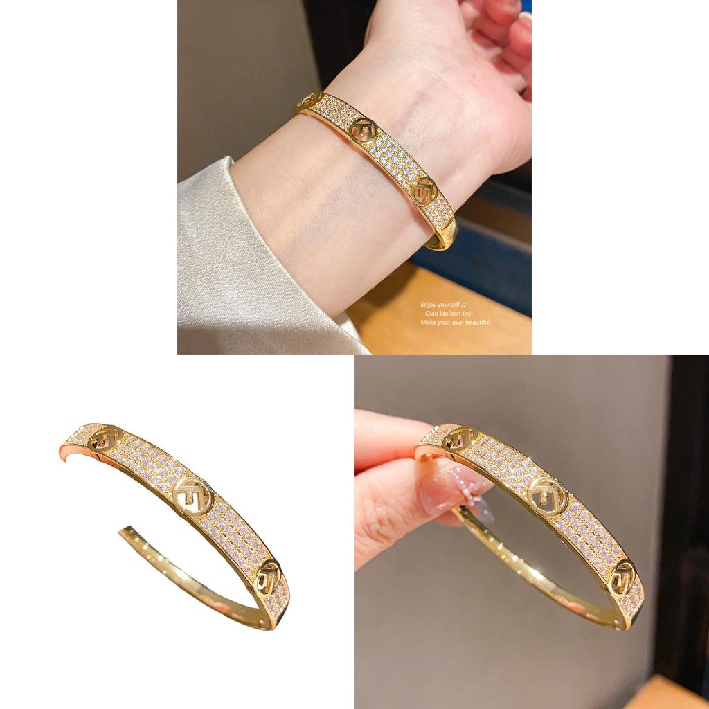 Zircon Stone Filigree Bangle In 18k Gold Finish For Elegant Ladies Accessories