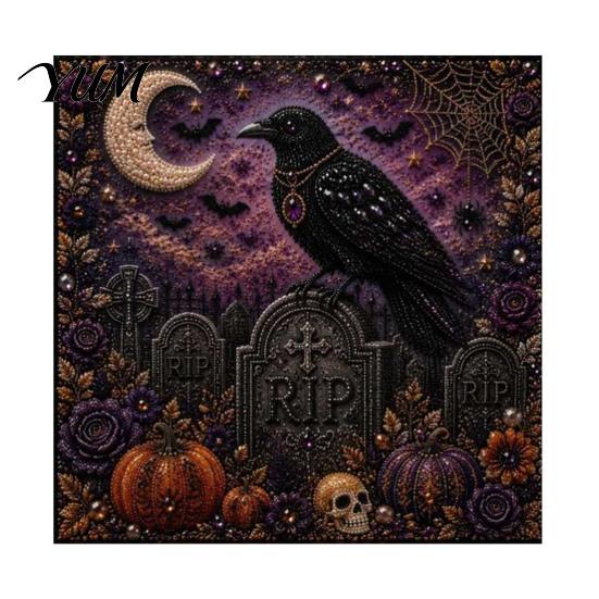 Seasonal Decorative Wall Hanging Halloween Ghost Pearl Painting Kit, 3D Art DIY Spooky Handmade Fall Craft Supplies Cute Cat Crow Kit for Adults, Home
