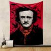 A portrait with dark birds flying and a black cat on a vivid red backdrop. Patterned tapestry for bedroom and living room home decor