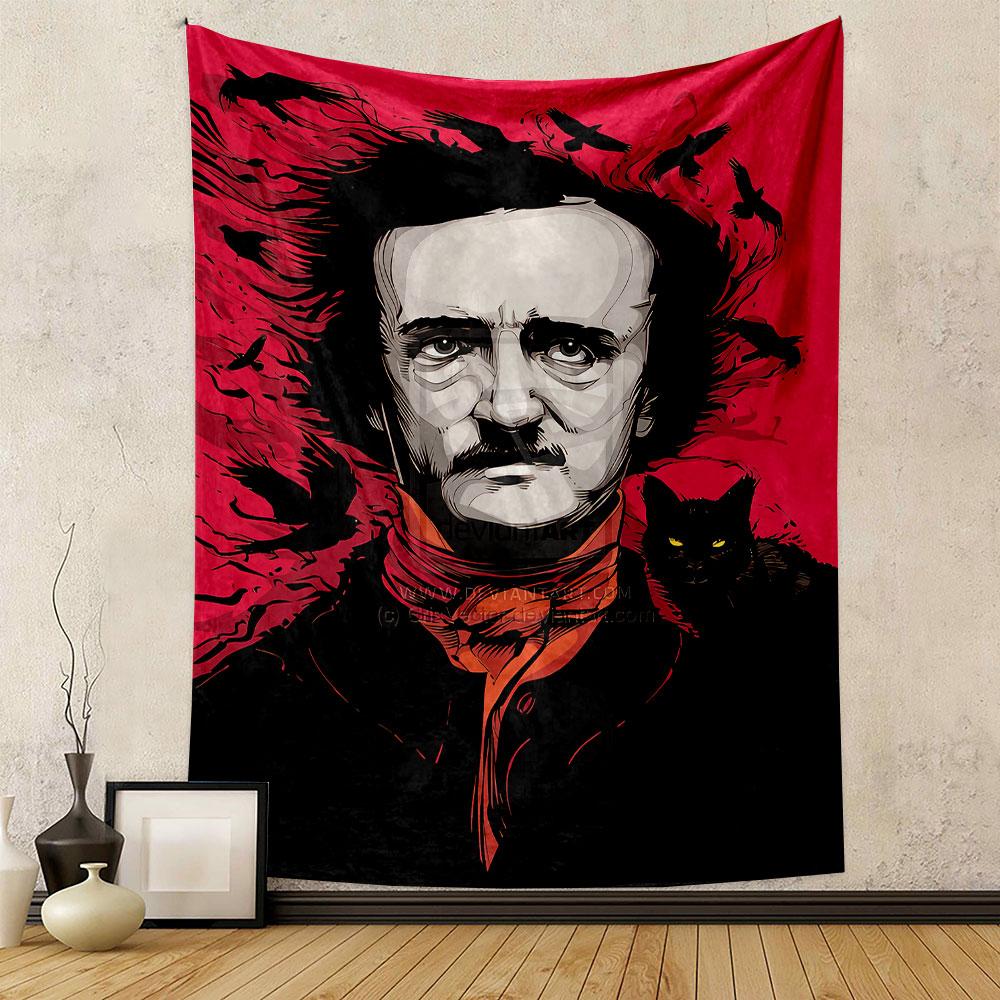 A portrait with dark birds flying and a black cat on a vivid red backdrop. Patterned tapestry for bedroom and living room home decor