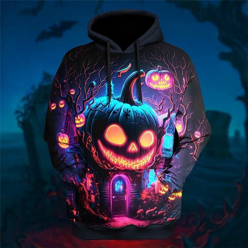 Men Halloween Evil Pumpkin Graphic Printed Hoodie Long Sleeve Pullover Sweatshirt Lantern Men Hooded Shirts Festival Tops