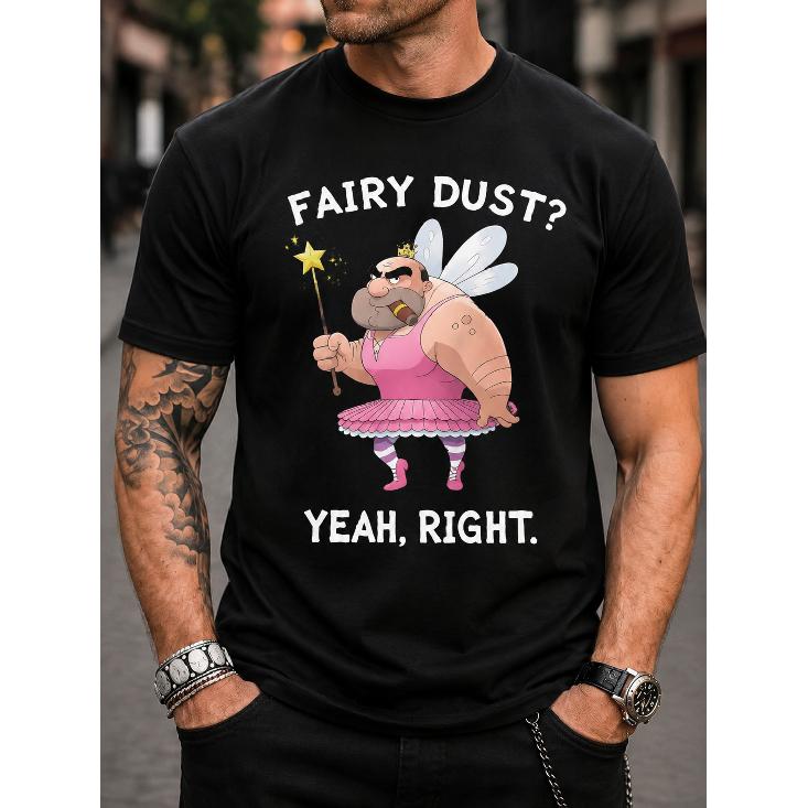 Men's Black Short Sleeve Crew Neck T-Shirt With Funny Fairy Dust Graphic Print For Casual Wear