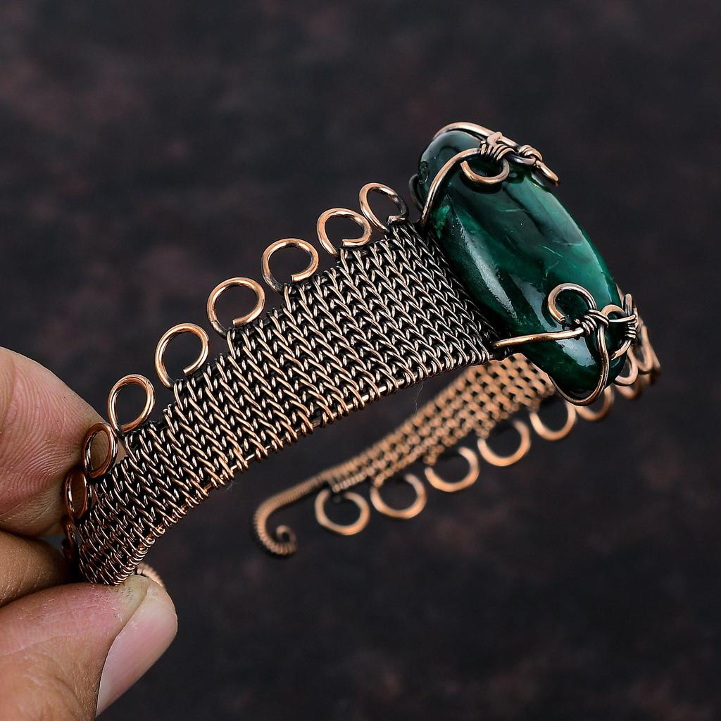 Green Fire Labradorite Cuff Bracelet Copper Wire Wrapped Gemstone Bangle Copper Jewelry Adjustable Cuff For Gift Handmade Wire Wrap Jewelry