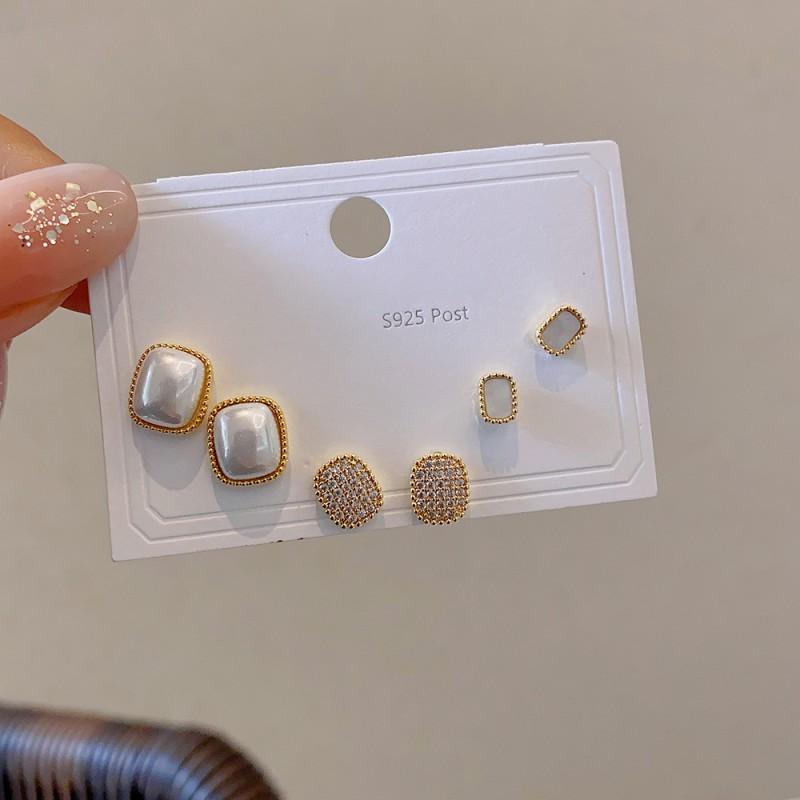 Minimalist Stud Earrings Set 3 Pairs Gold Tone CZ Geometric Floral Design Women Daily Wear