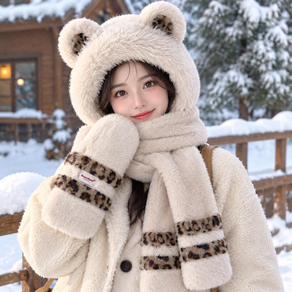 Ear Protection Plush Bear Ears Hat Three-in-one Winter Beanie Personality Hooded Scarf Cycling