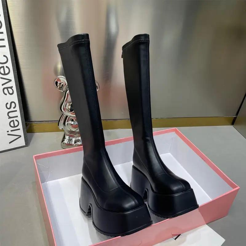 Осень-зима, удобные женские модные длинные сапоги с застежкой-молнией сзади, женские сексуальные элегантные туфли на платформе с 9-сантиметровой толстой подошвой, женские рыцарские сапоги