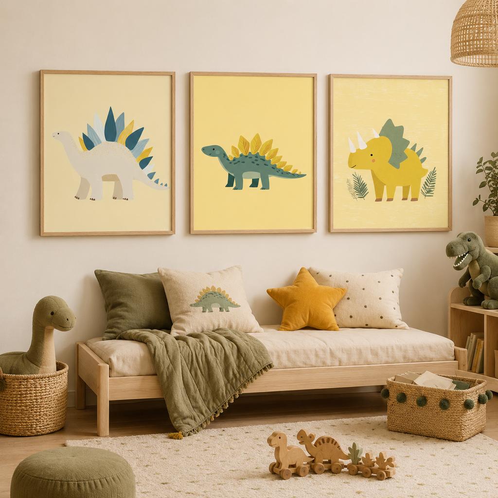 Nursery Wall Art, Cartoon Dinosaur Canvas Painting, Minimalist Animal Poster Print for Kids Boy Girl Bedroom Wall Decor