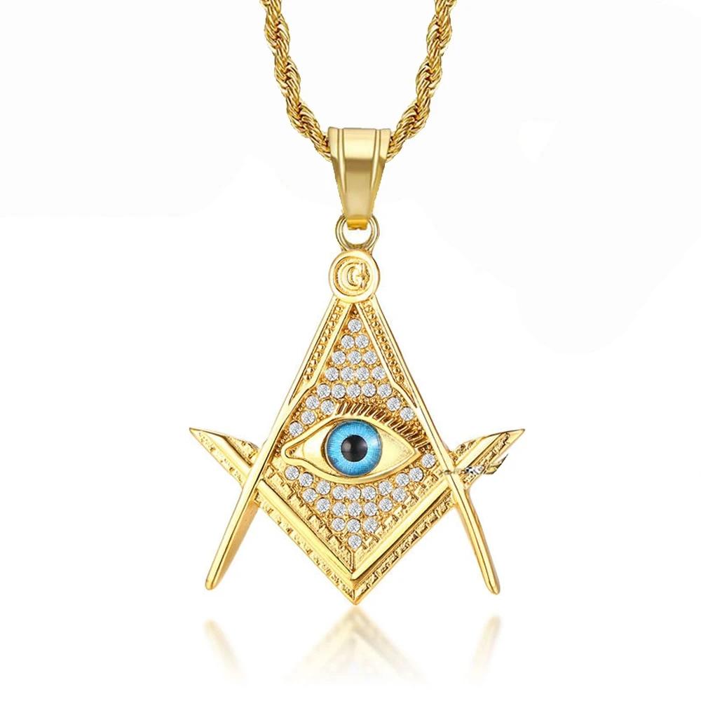 Drop Shipping Hip Hop Iced Out Masonic All-seeing Eye Pendant Necklace Chain Gold Color Stainless Steel Freemason Mason Jewelry