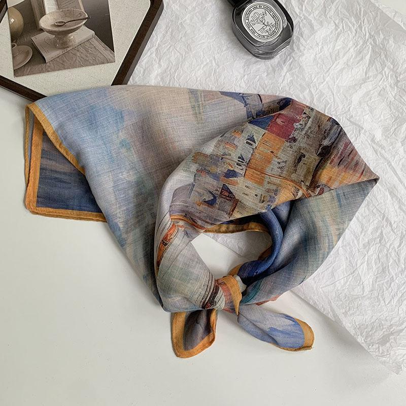 70 Double-sided Silk Scarf, Small Square Scarf, Scarf, White Rose Linen Silk Scarf, New High-end Scarf, Shawl Cover.