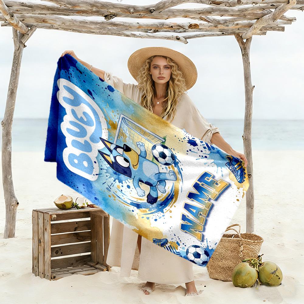 Bluey's Soccer Fun Personalized Text Beach Towel High Absorbency & Quick-Dry Portable for SwimmingBeachCamping Travel Beach AccessoriesGym