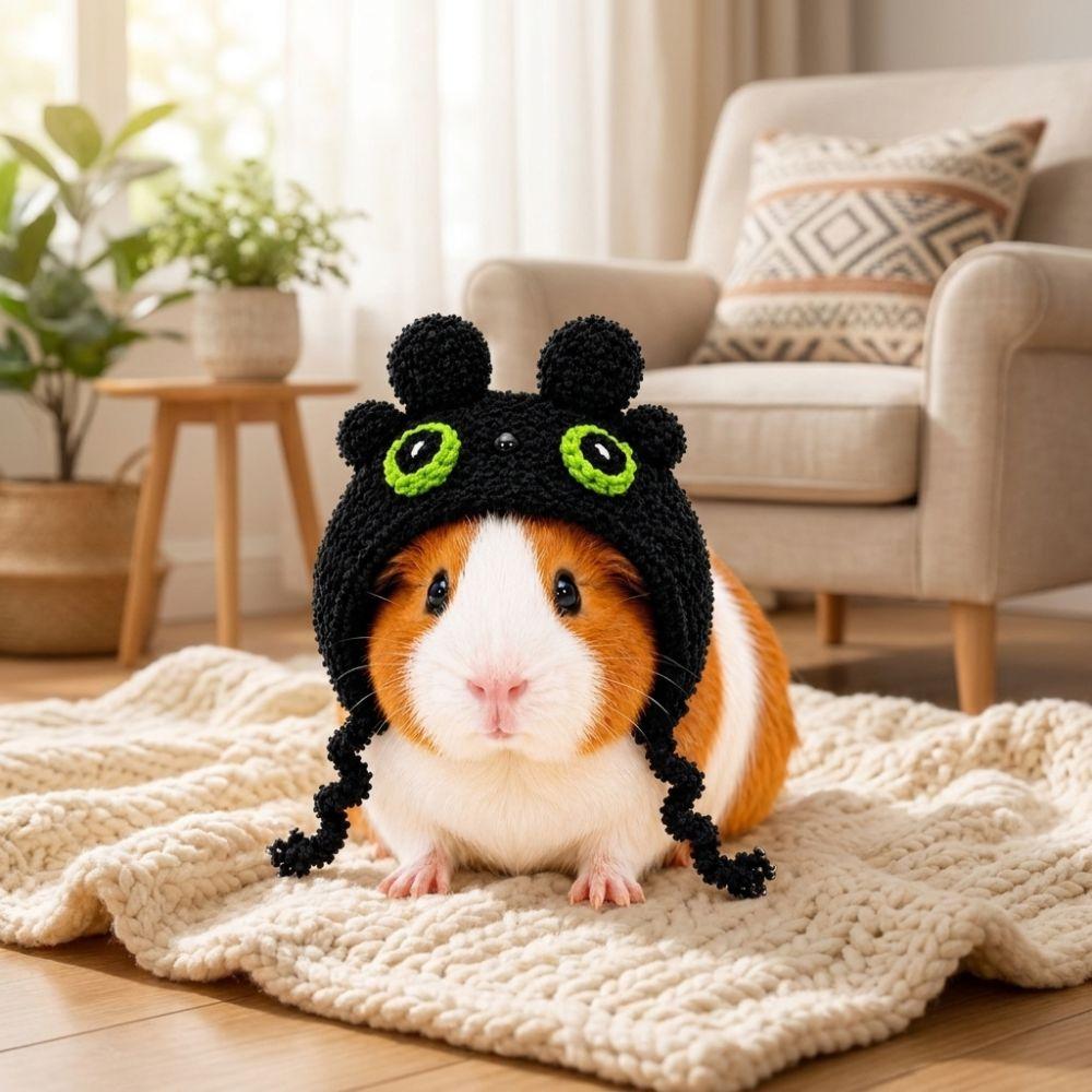 Bear-Shaped Guinea Pig Costume Hat Adjustable Ties Hamster Knitted Hat Holiday Party