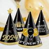 6pcs Happy New Year Party Hats Fancy New Year Black Gold Paper Cone Hat for 2024 New Years Eve Party Decorations