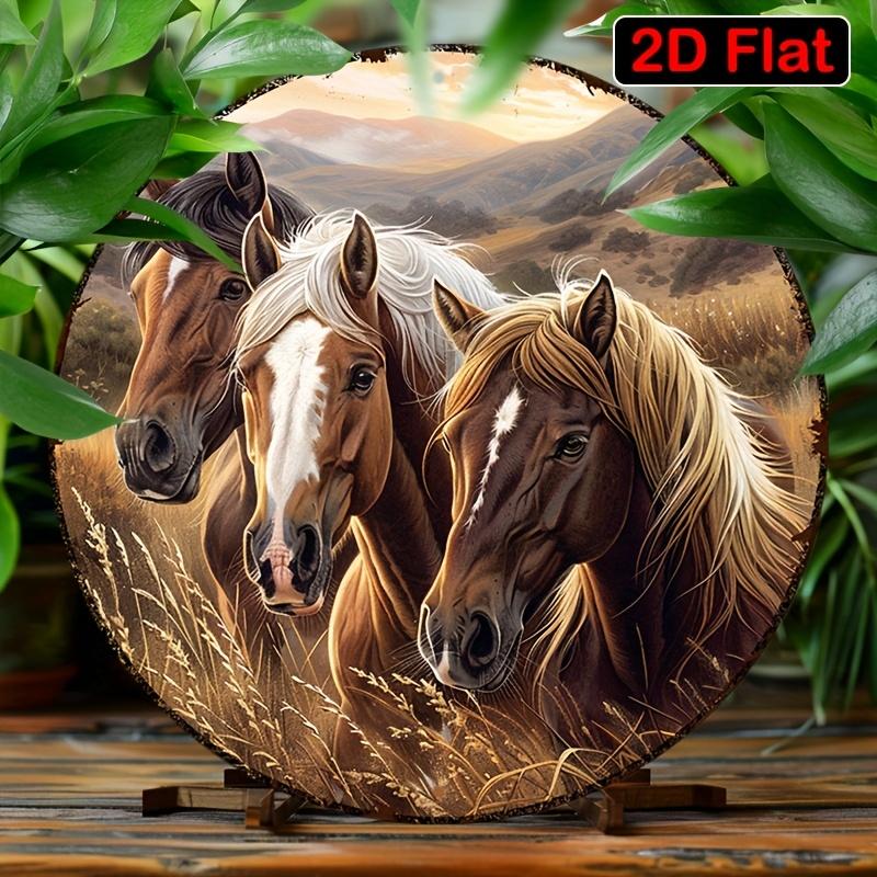 Three Wild Horses Sunset Western Landscape Round Metal Sign D Flat Printed Rustic Equestrian Art Tin Plaque Farmhouse Country