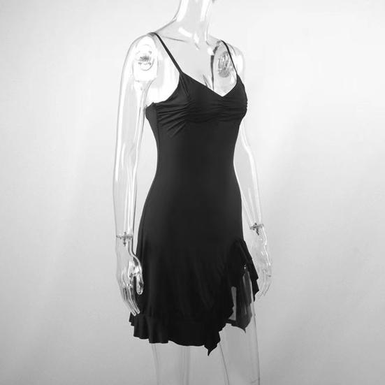 Summer Women Dress Irregular Ruffle Hem Low-cut V Neck Sleeveless Skinny Backless Spaghetti Strap Pleated High Waist Party Nightclub Dress