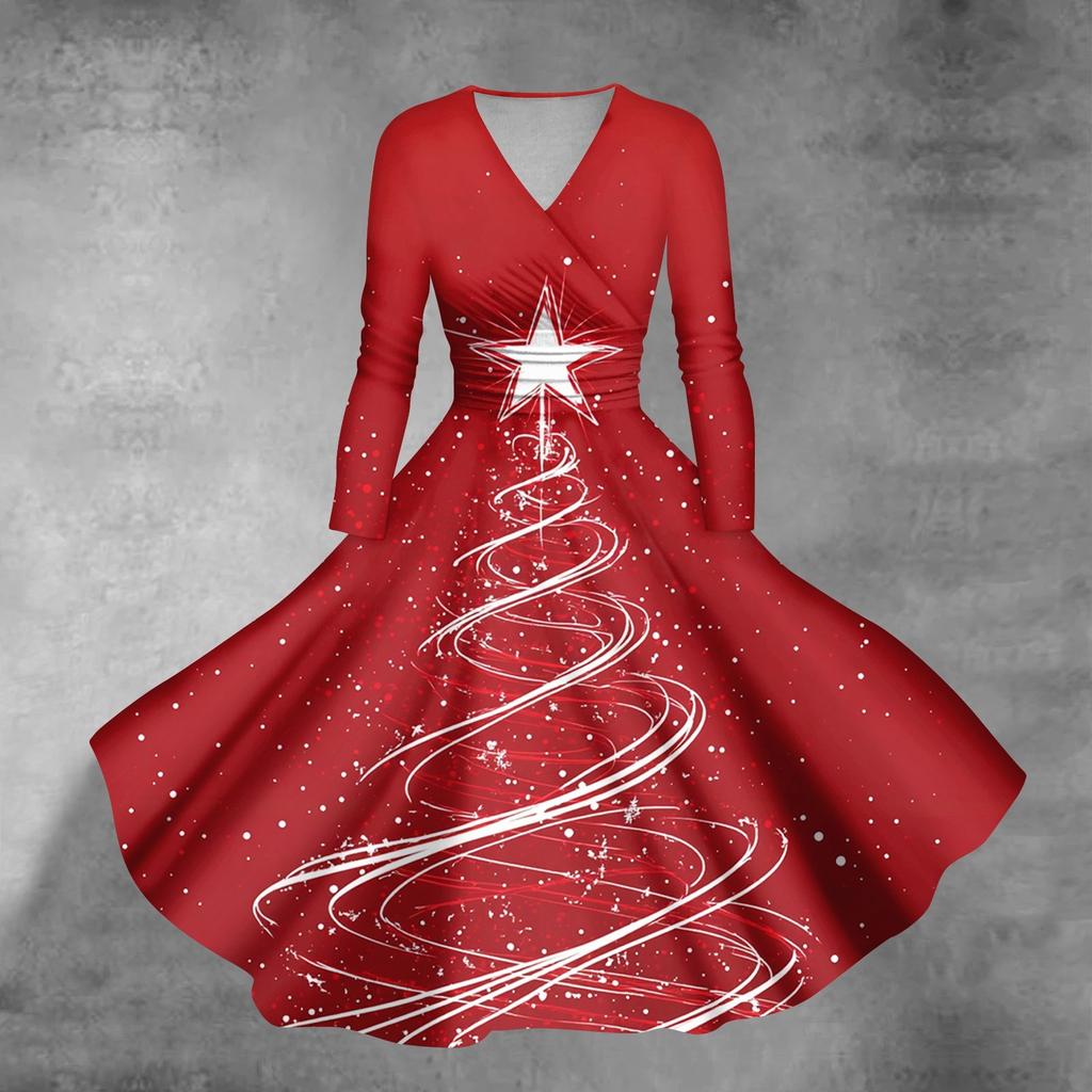 Women's Casual Fashion Christmas Printed Long Sleeve V-Neck Sexy Pocket Dresses