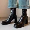 Cowhide Version~ Niche High-heeled Thin Boots Square Head Waterproof Table Short Boots Women's Thin Small Elastic Boots Bare Boots