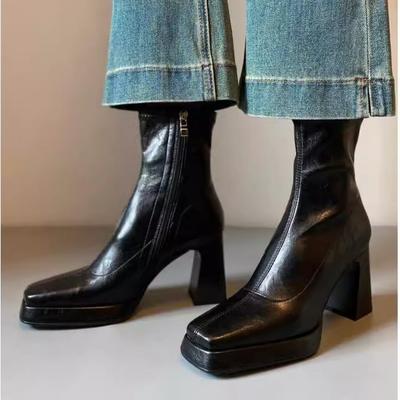 Версия из коровьей кожи~ нишевые ботильоны на высоком каблуке с квадратным носком водонепроницаемые ботильоны на платформе женские тонкие эластичные ботильоны ботильоны