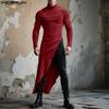 INCERUN Autumn Men Turtleneck Long Sleeve High Splits Tunic Tops Pullovers