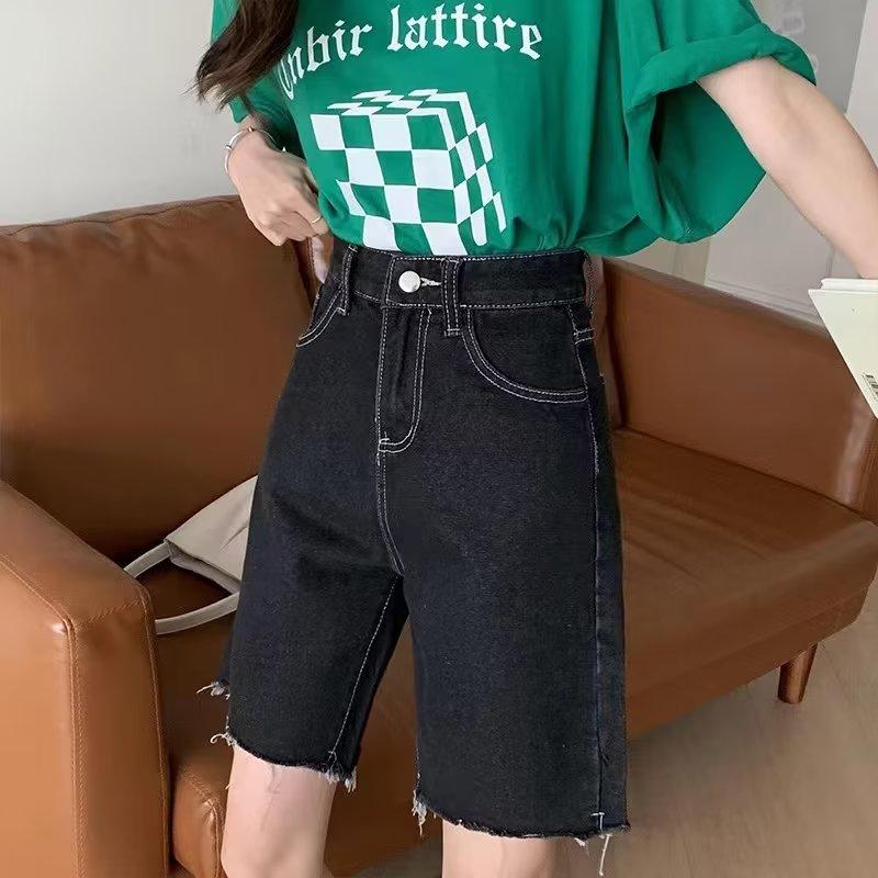 Черные джинсовые шорты для женщин, винтажные джинсовые шорты в стиле Харадзюку, однотонные повседневные прямые полубрюки, модная уличная одежда, женская одежда
