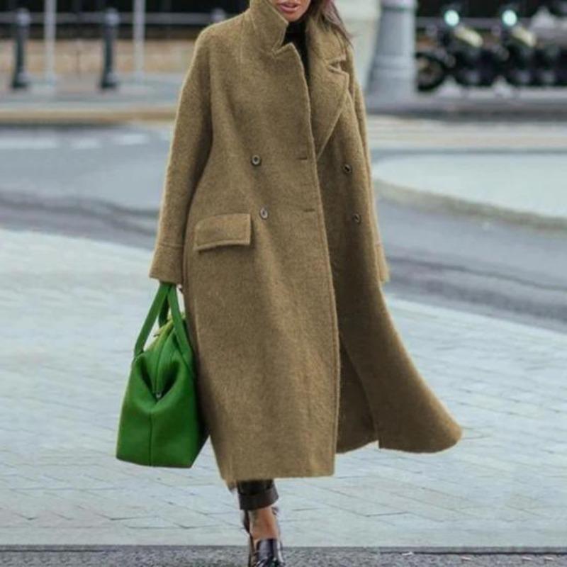Женское пальто, утолщенное двубортное пальто, осенне-зимнее пальто с отложным воротником, однотонное теплое пальто