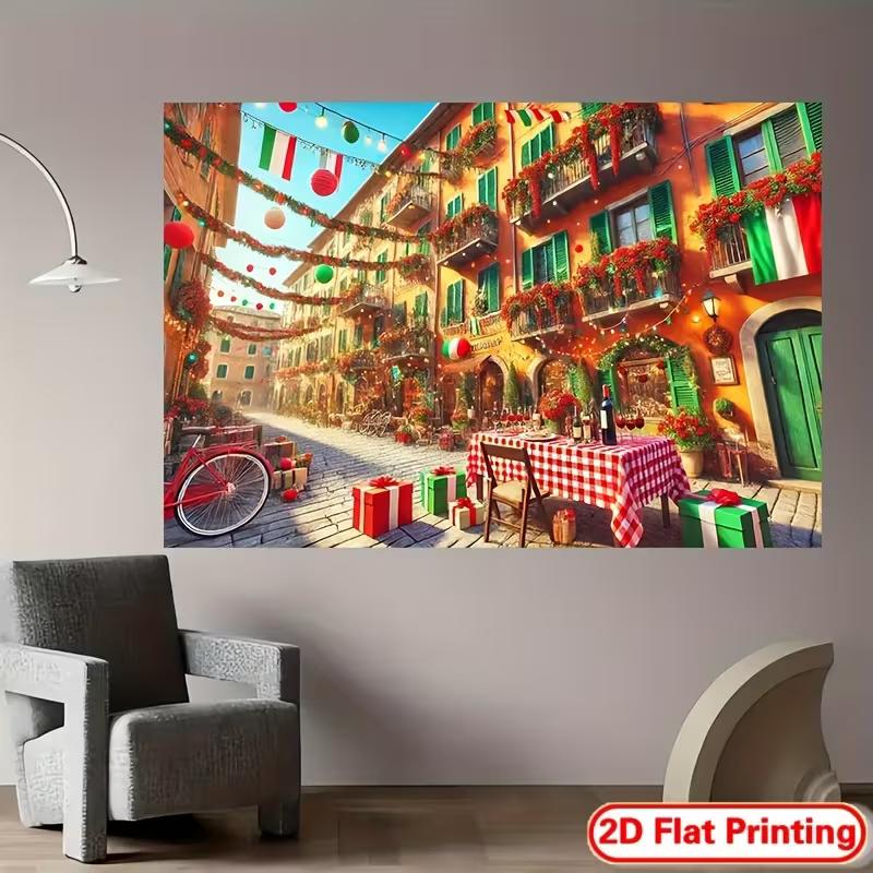 2D Italy Holiday Backdrop, Festive Street with Red White & Green Decor for Parties