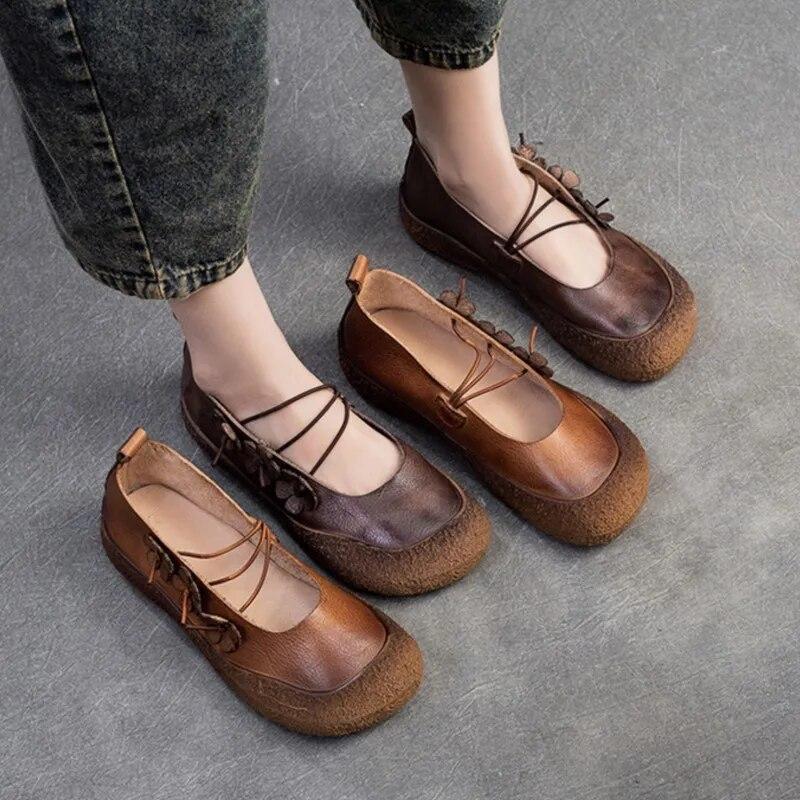 Johnature Туфли на плоской подошве из натуральной кожи с маленьким цветком в стиле ретро. Удобная женская обувь на мягкой подошве для отдыха и отдыха.