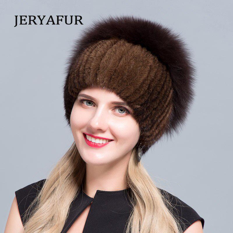 JERYAFUR Вязаная меховая шапка с подкладкой, меховая шапка из норки, меховая шапка из серебристого лисы, вязаная меховая шапка, зимняя женская лыжная шапка