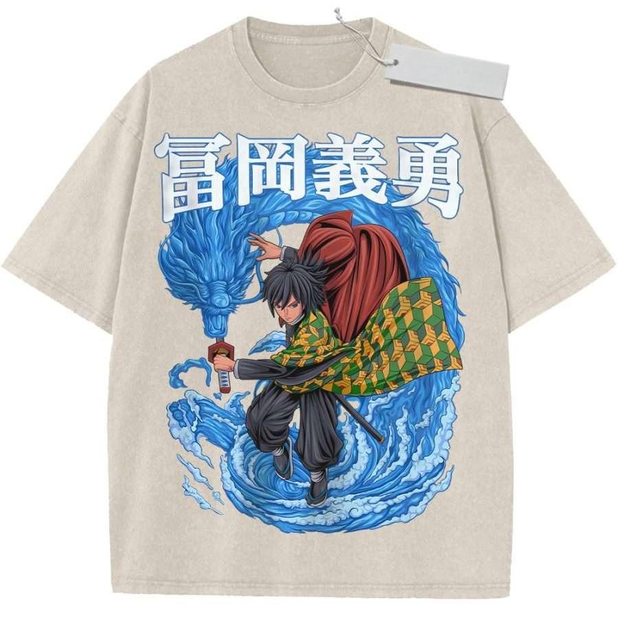 Unisex Washed Purple Vintage Tshirt Demon Slayer Tomioka Giyu Blue Dragon Water Breathing Highquality Fabric for Home Leisure