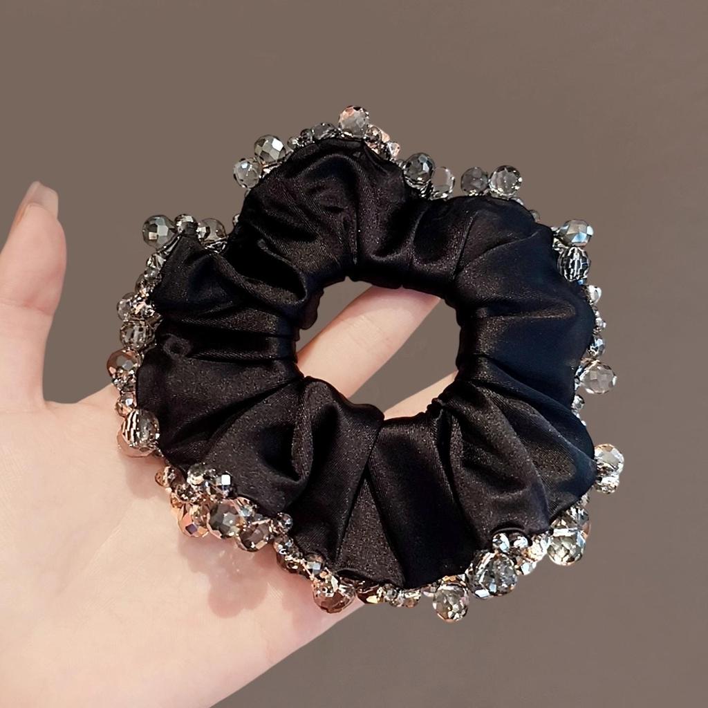 Minimalist & Versatile Rhinestone Trim Satin Scrunchie - Solid Color, Durable Hair Tie for Office Women, Suitable for High Ponytails & Updos