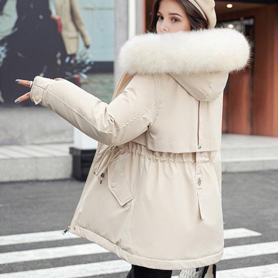 Winter Women Jacket Furry Hood Long Sleeves Drawstring Waist Pockets Zipper And Button Closure Windbreaker Mid Length Solid Color Windproof Warm Coat