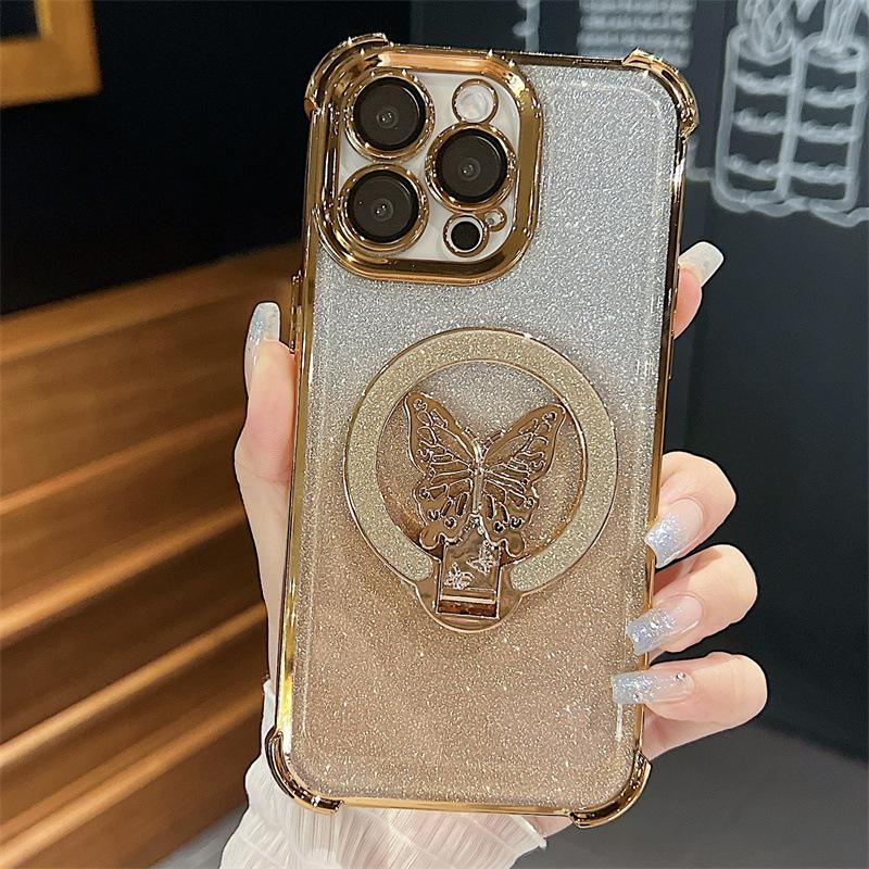 Applicable to iPhone16ProMax mobile phone case butterfly glitter bracket Apple 15 four corners anti-drop protective case