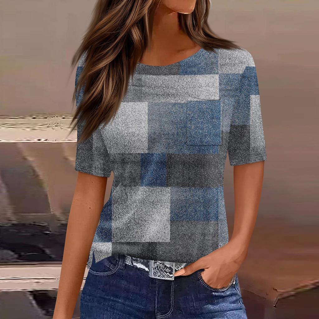 Футболки для женщин, плиссированные, с круглым вырезом, нарядные, повседневные, блузки с принтом, с коротким рукавом, летние топы, свободный крой