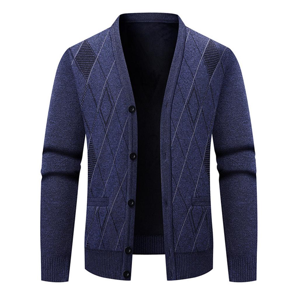 Men's V-neck Buttoned Fleece-lined Cardigan Sweater Long-sleeved Knitted Sweater Jacket