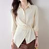 Navava Women Unbalanced Waist Tie Plain Long Sleeve Shirt Nb2855