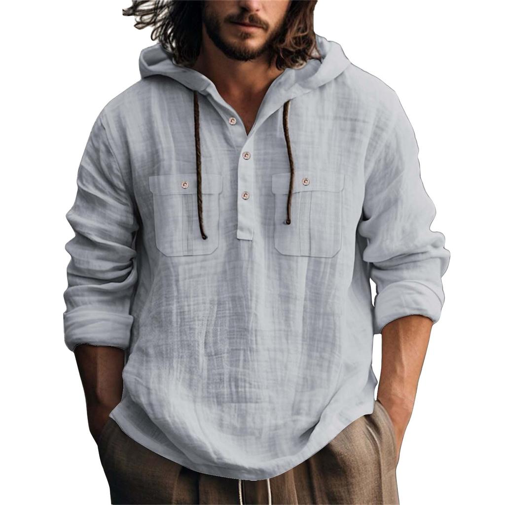 Мужская летняя однотонная куртка с карманами из хлопка и льна с длинным рукавом, на пуговицах, с капюшоном