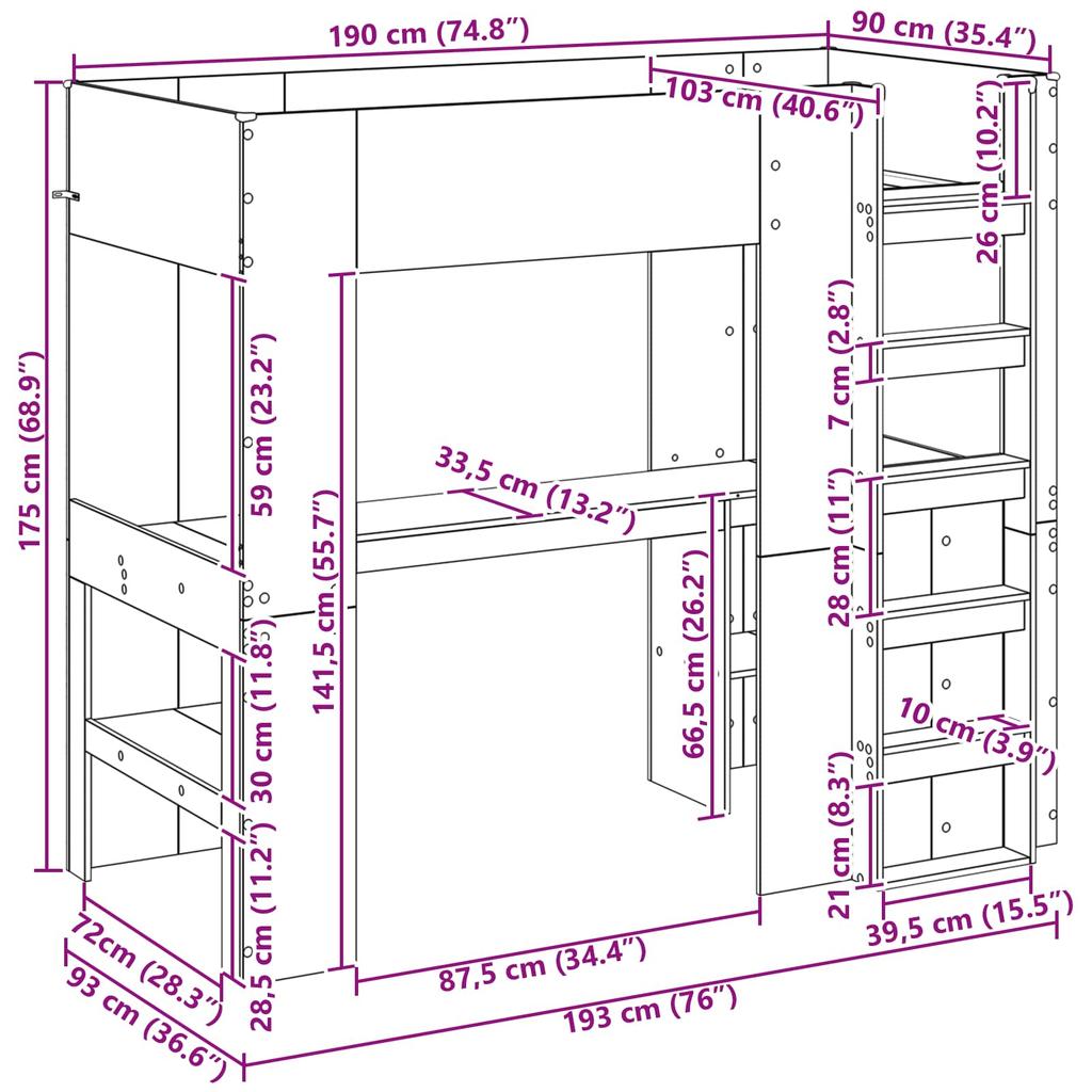 Loft Style Bunk Bed Frame with Desk Smoked Oak