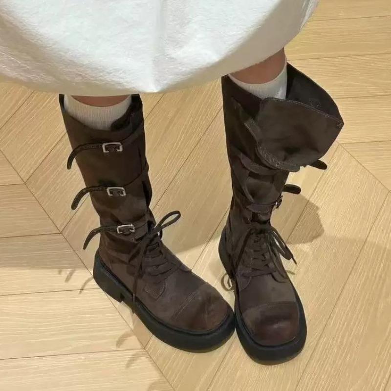 Модные женские высокие сапоги на плоской подошве до колена, челси, гладиаторы, зимняя обувь, повседневные, новые 2025, дизайнерские, брендовые, на шнуровке, женские боты