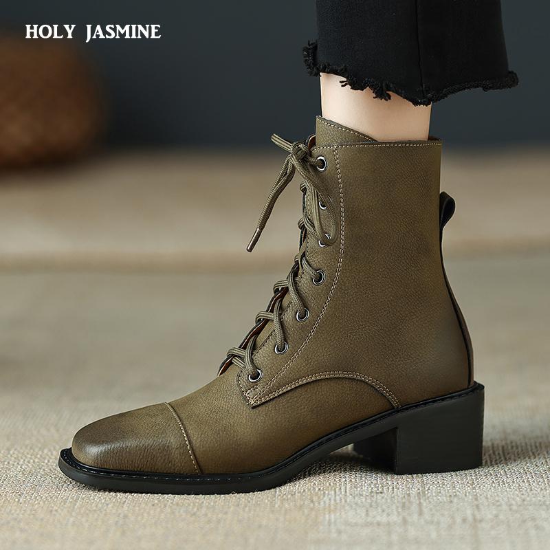 2024 New Cross-Tied Women Short Boots Autumn Winter Genuine Leather Office Lady Square Toe Side Zipper Shoes Woman Ankle Boots